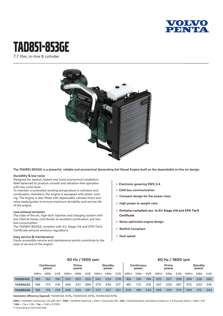 沃爾沃遍達TAD851GE,TAD852GE,TAD853GE柴油機技術參數